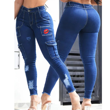Women's Blue Elastic Jeans With Waist And Hip Lift Tight Little Fee Hairy Edges Sexy Overalls Multi-pocket Pants Lipstick Print