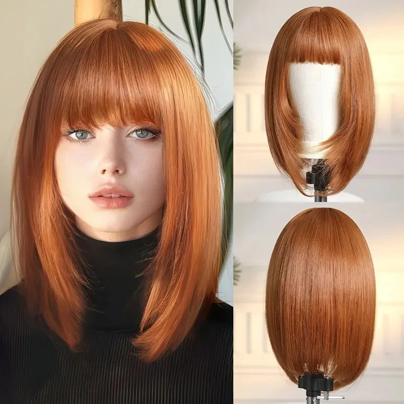 16in Vibrant Orange Straight Synthetic Wig with Bangs -Heat Resistant, Natural Look for Women, Perfect for Daily Wear & Parties
