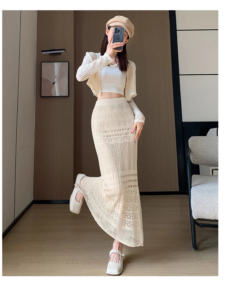 Skirts Women Trumpet High Waist Long Skirt Female Summer Elegant Knitted Hollow Out Fahison Skirt Bottom