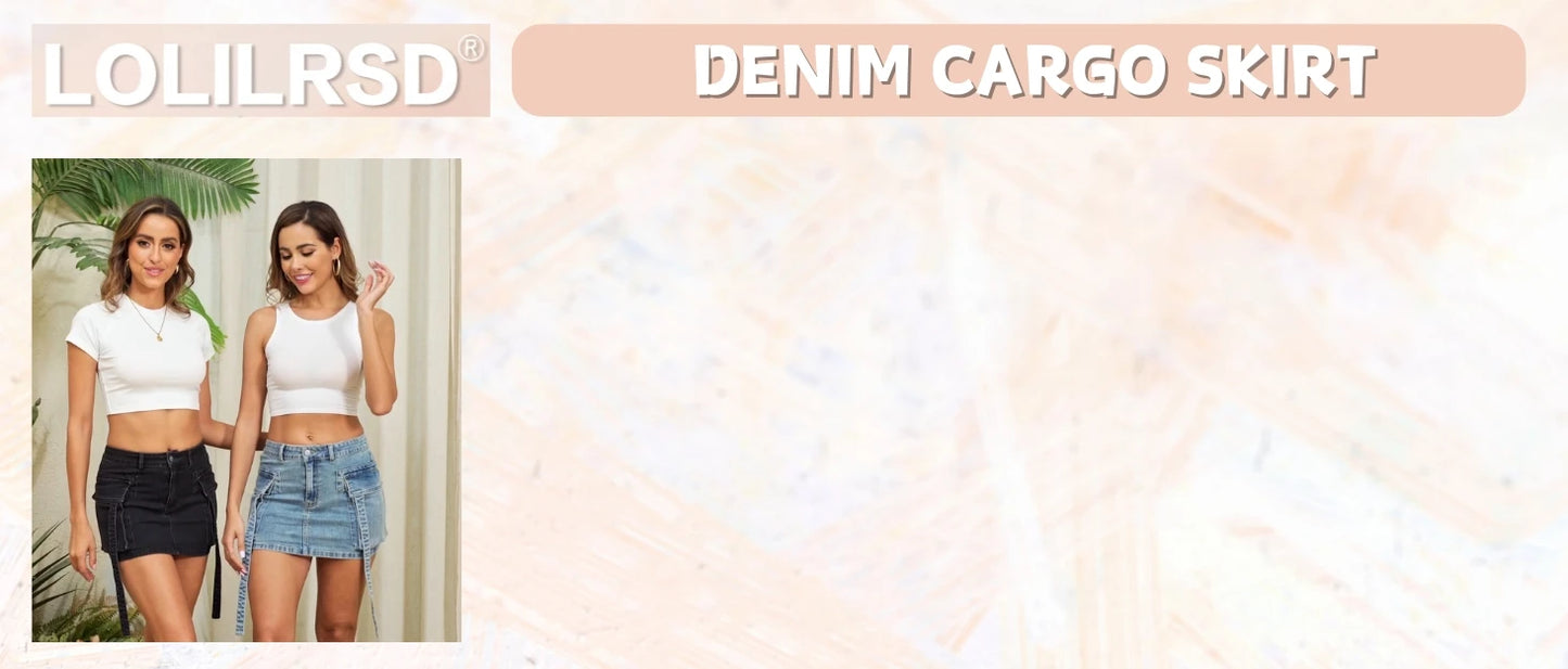 Women Cargo Skirt Denim Mini Low Waist Y2K Jean Skirts with Pockets