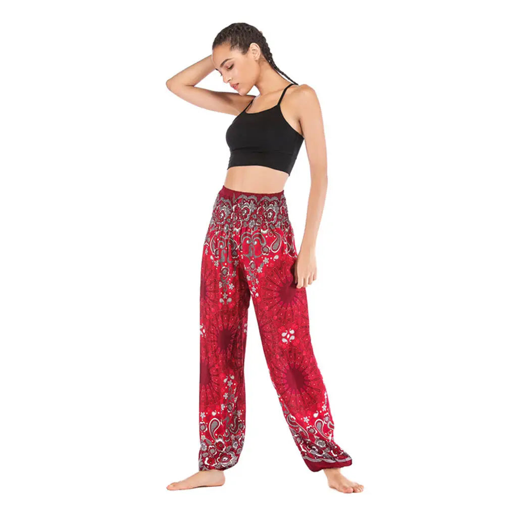 Women's Yoga Pants Printed Ethnic Style Loose Yoga Trousers Bloomers High Waist Fitness Sports Crotch Dance Palazzo Sweatpants