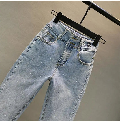 Women's Jeans 2025 Summer New Elastic Slim Heavy Industry Hot Diamond Small Foot Pencil Pants Female Casual Denim Trousers