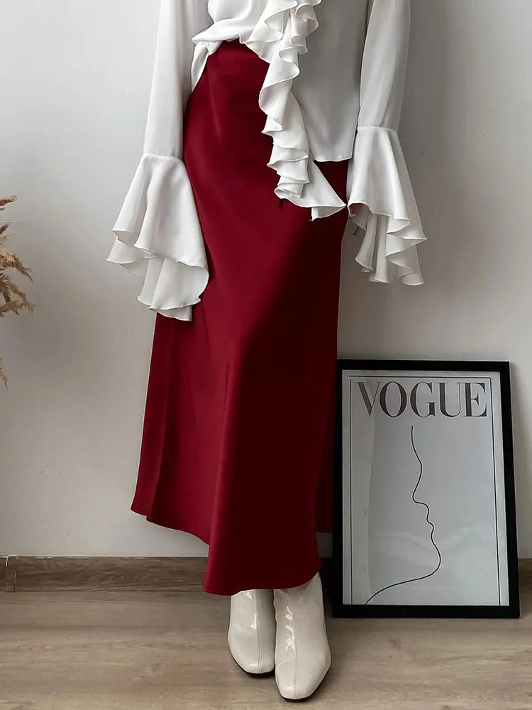 Long Black Satin Skirts Women For Work Summer Autumn Straight Brown Skirt Long Belt Coffee Formal Silk Maxi Skirt For Ladies