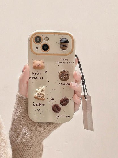 Cute Bear Coffee Phone Case, for IPhone 11 15 14 13 12 Pro Max 15Pro 14Pro Shockproof Silicone Cover ,with Lanyard Full Cases