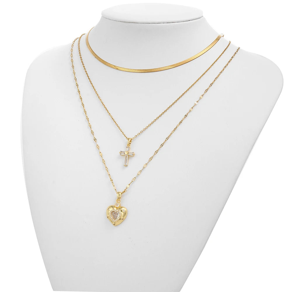 Women's High-End Heart-Shaped Necklace with Zircon Cross Pendant Stainless Steel Collarbone Chain Fashionable Jewelry
