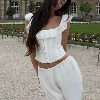 Solid Lace Women Fashion Tops Square Neck Sleeveless Flounce Edges Bodycon Single Breasted Vestidos 2025 Summer Lady Y2k Wear