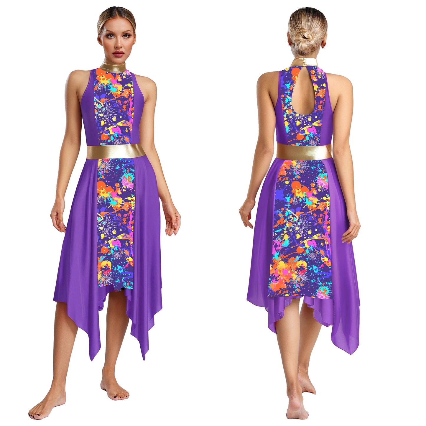 Women Modern Lyrical Dance Dress Church Choir Worship Praise Liturgical Costume Sleeveless Print Irregular Hem Gown Dancewear