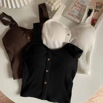 Women's Ribbed Tank Tops Y2K Cropped Tops with Bra Pads Knitted Button Down Suspenders Vest Sexy Camisole Female Short Tops