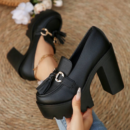 2025 New Women Pumps Fashion Tassels Thick Heeled Party Shoes Gothic Platform Shoes Woman Bowknot Chunky High Heel Pumps Women