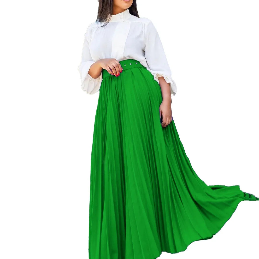 Elegant Pleated Skirts for Woman 2024 New High Waisted Belt Waisted Ankle Length Autumn Winter Wear Bottoms Skirts Clothes Hot