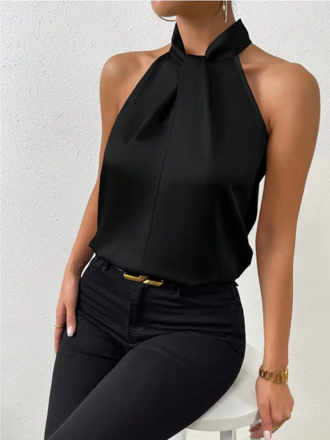 2025 Women's Tanks Top Camis Hanging Neck Strap Design Satin Gloss Loose Sleeveless Blouses Blusas Mujer Moda Black Sexy Shirt