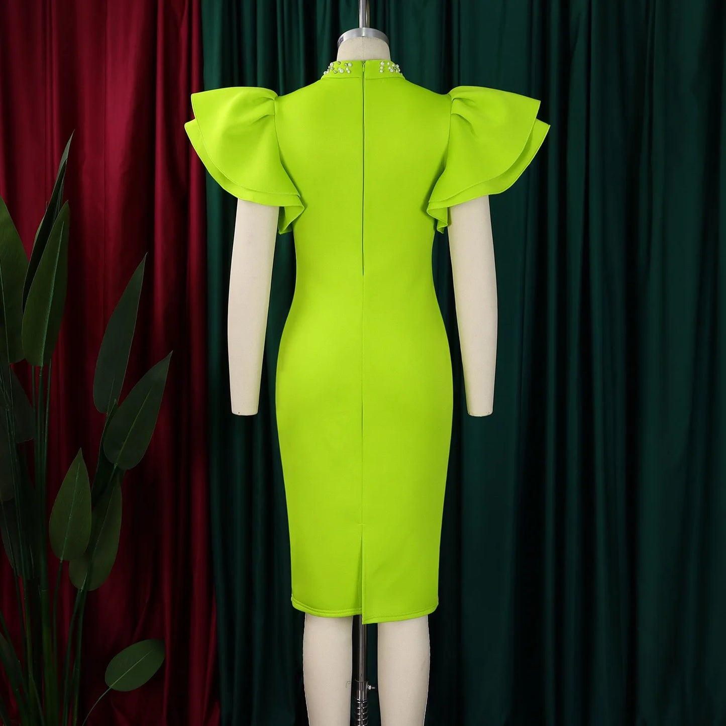 Elegant Dresses for Women O Neck Ruffles Sleeve Beaded Sheath Package Hips Mid Calf Luxury Birthday Party Dinner Vestidos Mujer