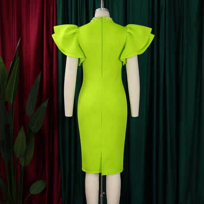 Elegant Dresses for Women O Neck Ruffles Sleeve Beaded Sheath Package Hips Mid Calf Luxury Birthday Party Dinner Vestidos Mujer