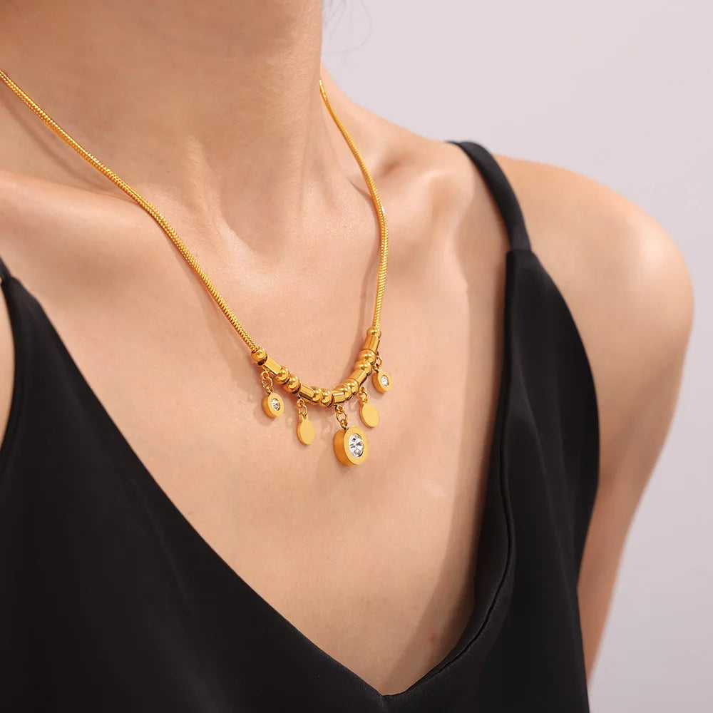 Necklace for Women Round Zircon Roman Pendant Tassel Charm Luxury Gold Plated Stainless Steel Jewelry Wholesale