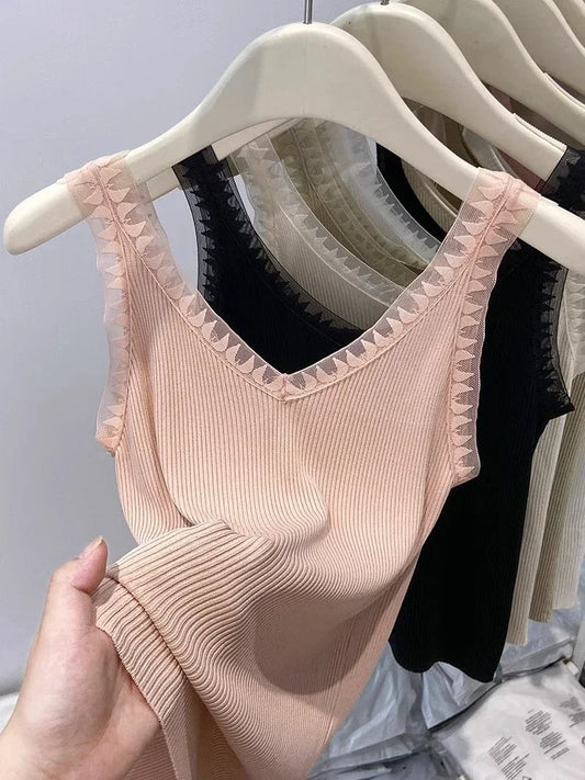 Women Summer Fashion Thin Knitted Undershirt Sleeveless Corset Top Half High Neck Comfortable Breathable Lace Tank Top 2025