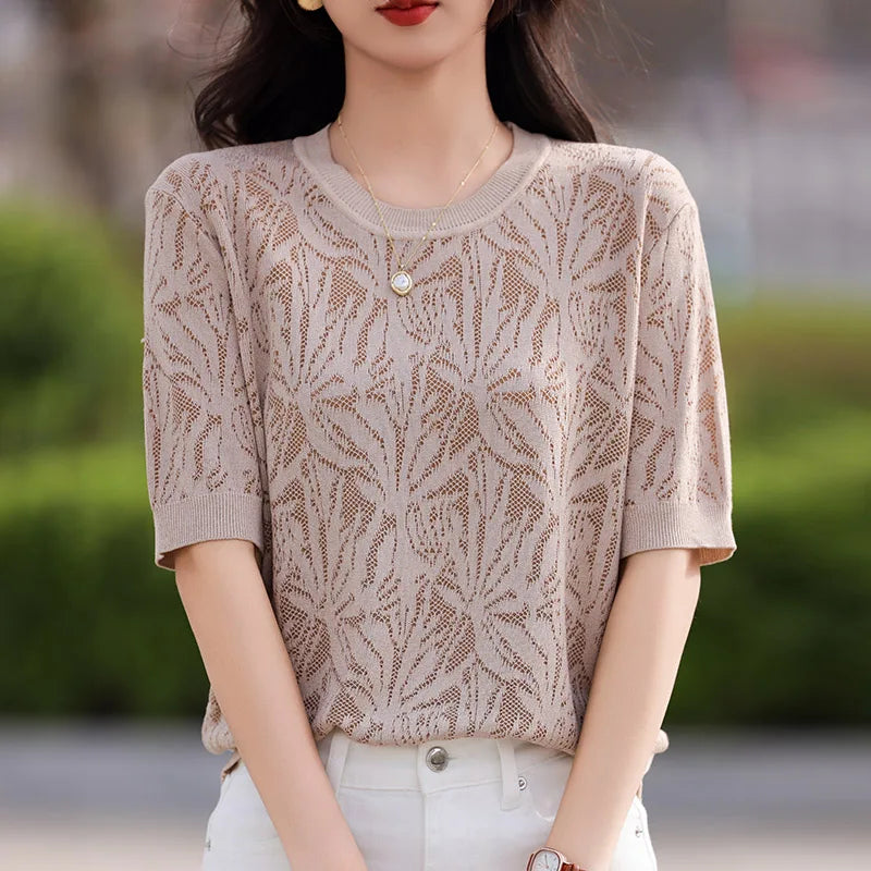 T-shirt Women Tops Summer 2025New Clothing Body O-neck Half Sleeve Tees Shirt  Solid Color Maple Leaf Pattern Casual Fashion Top