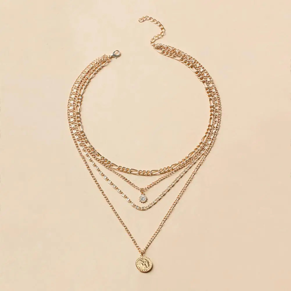 Women Necklace Multi-layered Coin Pendant Punk Style Necklace Hollow Chain Adjustable Length Hip Hop Club Party Neck Jewelry