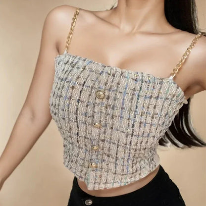 Women Summer Tweed Chain Chic Tank Tops Buttons Off Shoulder with Bra Pad Crop Tops Pleated Sexy Backless Sleeveless Sweet Camis