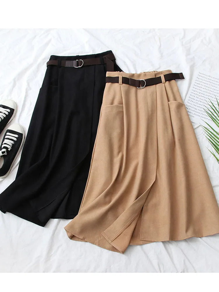 Women Casual Skirts Spring And Autumn Solid High Waist Irregular Pockets Midi Skirts Fashion Simple Elegant Saia Faldas