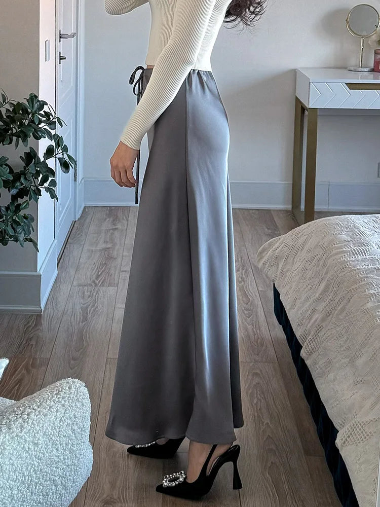Long Black Satin Skirts Women For Work Summer Autumn Straight Brown Skirt Long Belt Coffee Formal Silk Maxi Skirt For Ladies