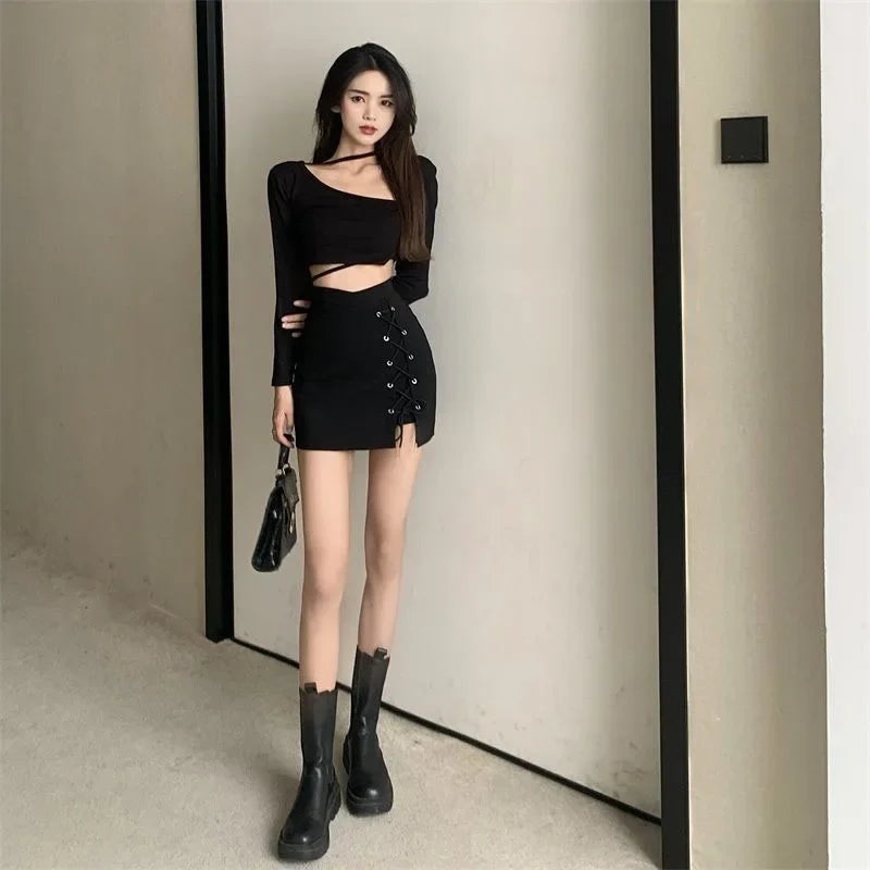 Women Summer Black Skirt Korean Lace Up Skinny Short Skirts High Waist Streetwear Gothic Y2K Bandage Female Skirt New