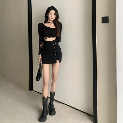 Women Summer Black Skirt Korean Lace Up Skinny Short Skirts High Waist Streetwear Gothic Y2K Bandage Female Skirt New