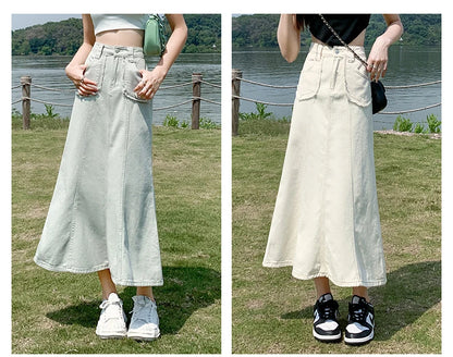 Apricot Denim Skirt Summer Women's 2024 New High Waist Slim Fashion Design Pocket Hip A-line Ankle-length Jean Skirt