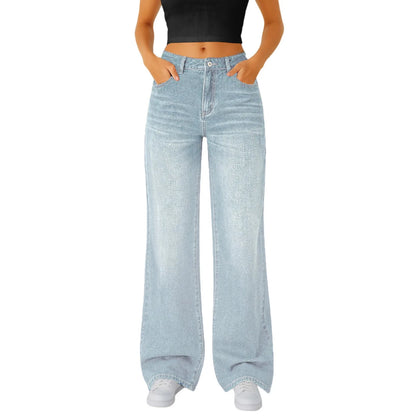 Jeans Women Straight Long Pants Casual Floor Length Mom Pant Blue High Waist Elegant Zipper Fly Pockets Slim Y2k Denim Trousers