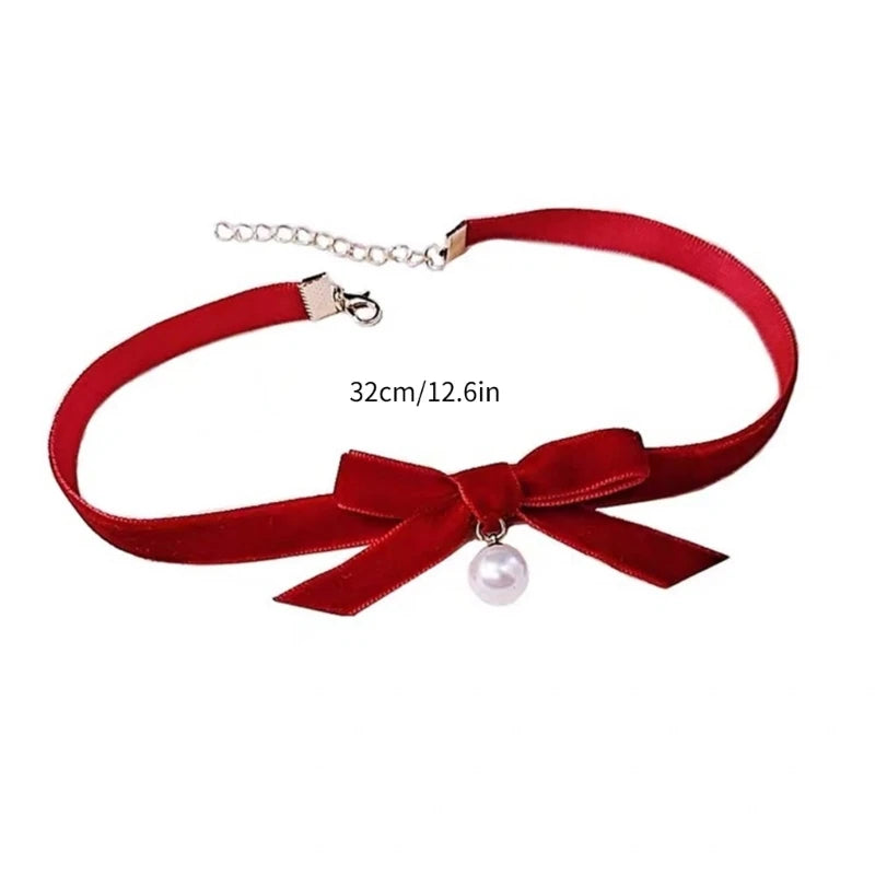 Elegant Bowknot Necklace Pearls Beads Pendant Clavicle Chain Velvets Bows Collarbone Chain Ornament for Women Girls