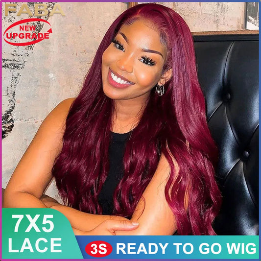 FABA Glueless Wigs Human Hair 7x5 Wear and Go Glueless Wig Pre Plucked  with Natural Hairline Burgundy Body Wave Wigs For Women