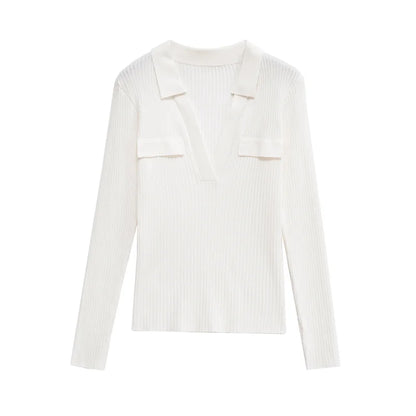Women's Tops New Fall 2025 Solid Color Long Sleeve Lapel Slim Knit Top Sexy V-Neck Design Casual Fashion Personality Versatile