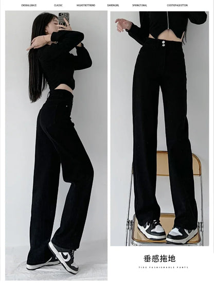 Women's Jeans Autumn High Waist Loose Straight Denim Pants Black Blue Fashion Korean Street Stretch Soft Comfortable Trousers