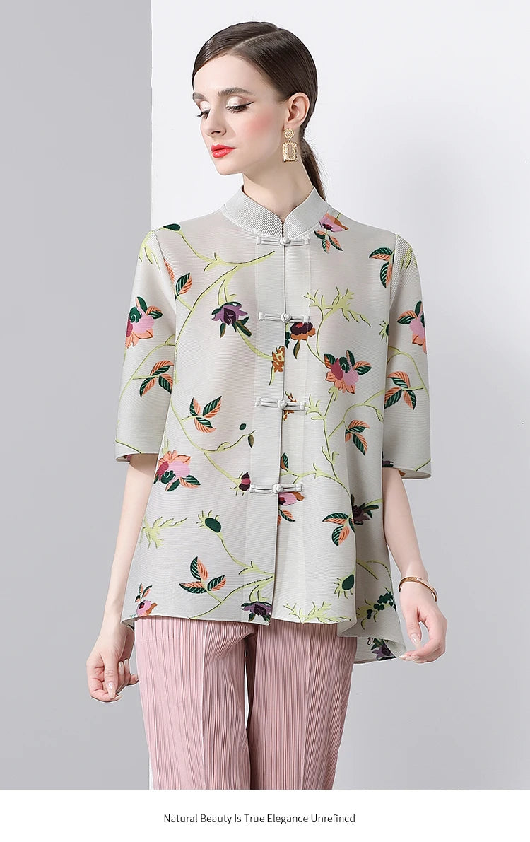 Pleated Tops for Women Summer Printed Shirts Loose Mom Wear Commuter Printed Short Sleeves Women Clothes