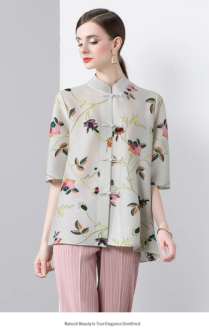 Pleated Tops for Women Summer Printed Shirts Loose Mom Wear Commuter Printed Short Sleeves Women Clothes