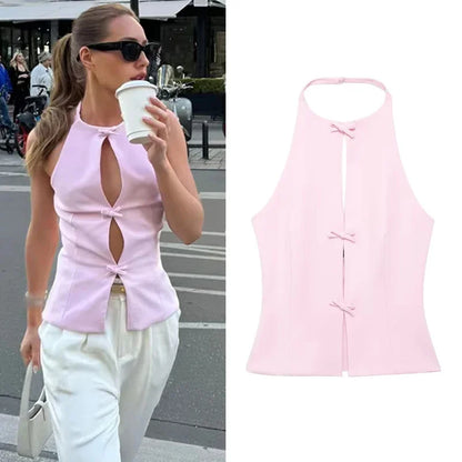 Women Fashion Bow Solid Halter Tops Women Hollow Out Sleeveless Backless Tank Top Summer  Elegant Vest Office Lady