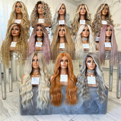 Wig female Ombre Platinum Blonde with Ash Brown Roots Natural Wig Synthetic Fibre Mixed Human Hair Wig Straight Full Wig HD Lace