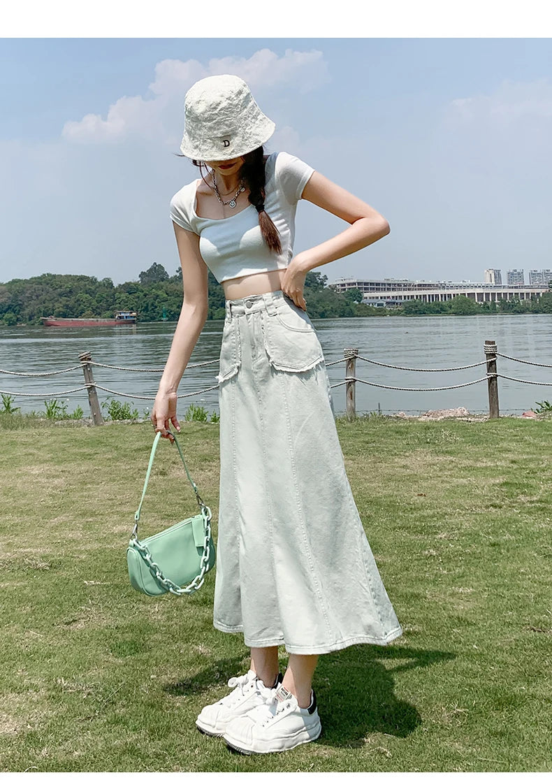 Apricot Denim Skirt Summer Women's 2024 New High Waist Slim Fashion Design Pocket Hip A-line Ankle-length Jean Skirt