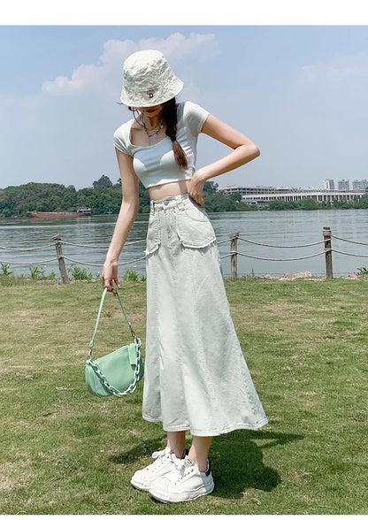 Apricot Denim Skirt Summer Women's 2024 New High Waist Slim Fashion Design Pocket Hip A-line Ankle-length Jean Skirt