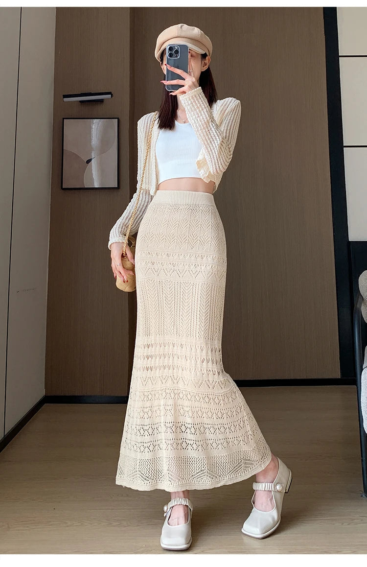 Skirts Women Trumpet High Waist Long Skirt Female Summer Elegant Knitted Hollow Out Fahison Skirt Bottom