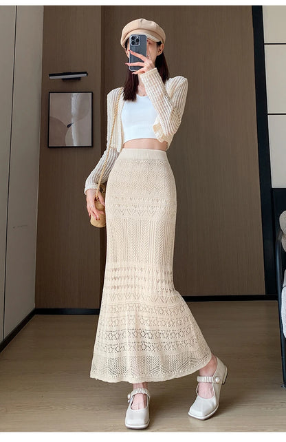Skirts Women Trumpet High Waist Long Skirt Female Summer Elegant Knitted Hollow Out Fahison Skirt Bottom