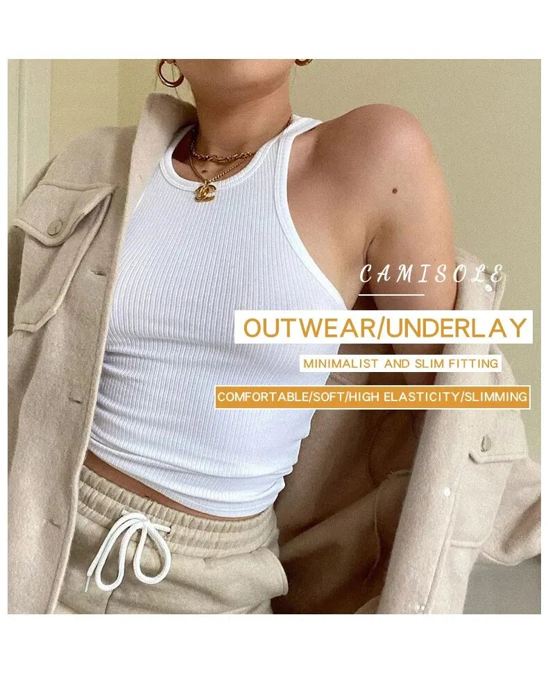 Women's Tank Top Crop Sexy Off Shoulder O Neck Solid Ribbed Knitted Casual Sport Vest Basic Elastic Camisole