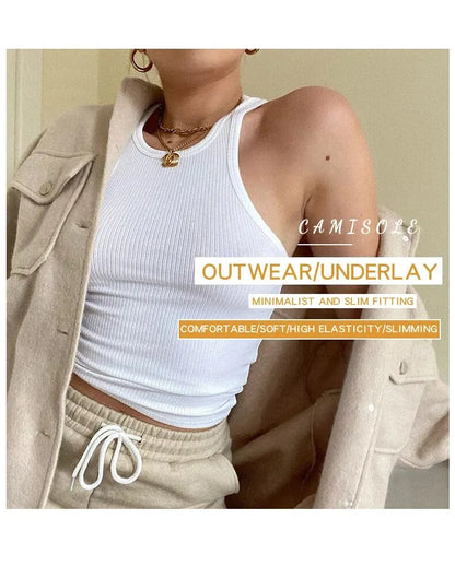 Women's Tank Top Crop Sexy Off Shoulder O Neck Solid Ribbed Knitted Casual Sport Vest Basic Elastic Camisole