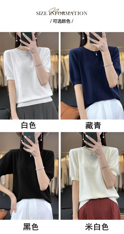 Women's T-shirt Summer 100% Cotton Sweater Short Sleeve Solid Color Round Neck Ladies Tops Loose Blouse Basic Pullover Tees