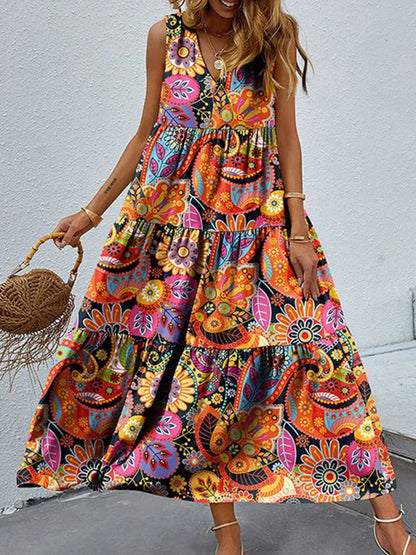 Fashion Floral Print Dress For Women Casual V Neck Sleeveless Loose Dresses Robe Femme Boho Holiday Womens Clothing Summer New