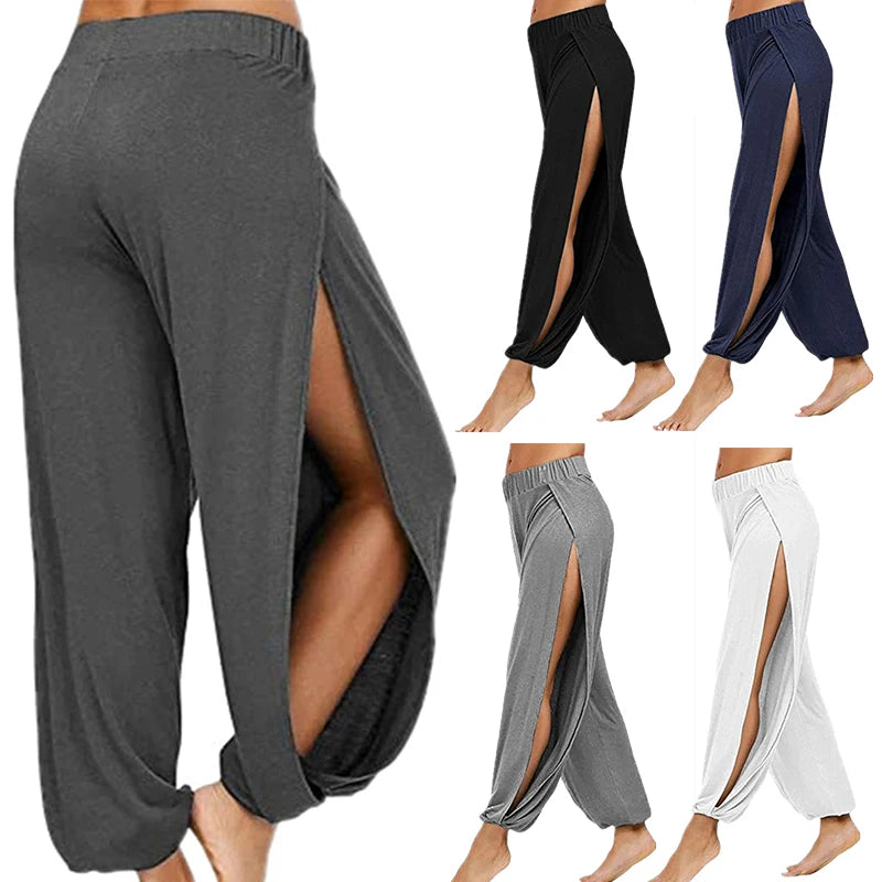 Women Sports Yoga Pants Summer High Slit Haren Pants Solid Loose Hippie Harem Wide Leg Pants Trousers