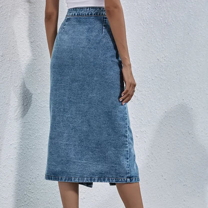 Women Streetwear Casual Pocket High Waist Straight Jean Skirts New Single Breasted Knee All-match Length Denim Skirt Female