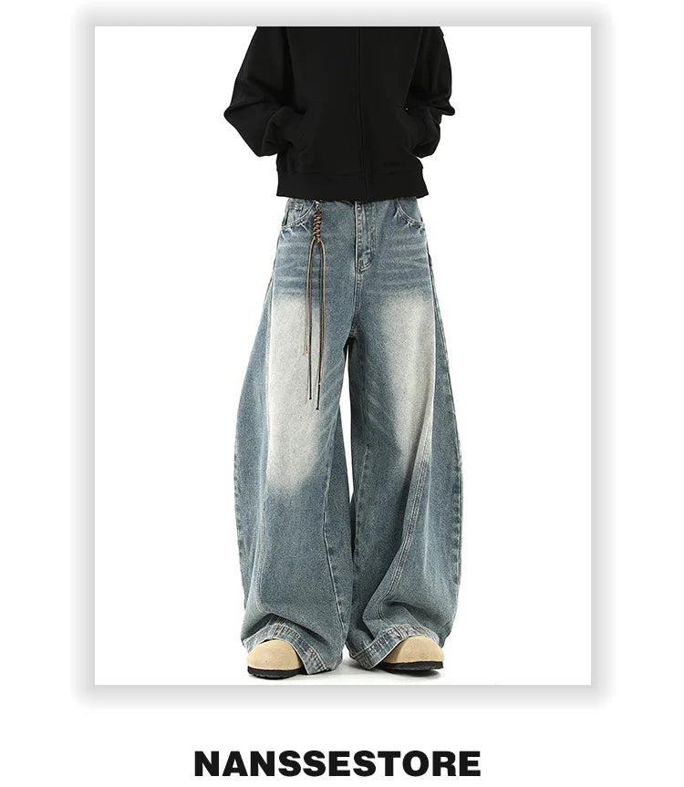 Women Blue Jeans Cargo Pants Streetwear High Waist American Wide Leg Pants Fashion Y2K Style Female Winter Straight Trousers