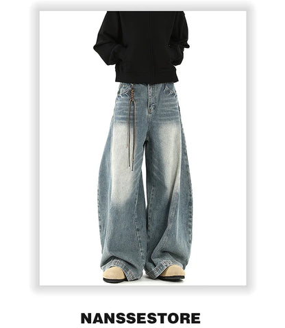 Women Blue Jeans Cargo Pants Streetwear High Waist American Wide Leg Pants Fashion Y2K Style Female Winter Straight Trousers