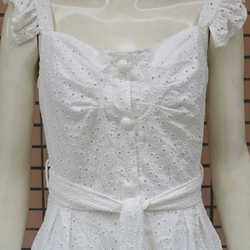 Women White Dress Lace Up Sexy Midi Vestidos Ruffles Sleeveless Bodycon Female Dresses 2022 Buttons Belt Elegant Ladies Clothes