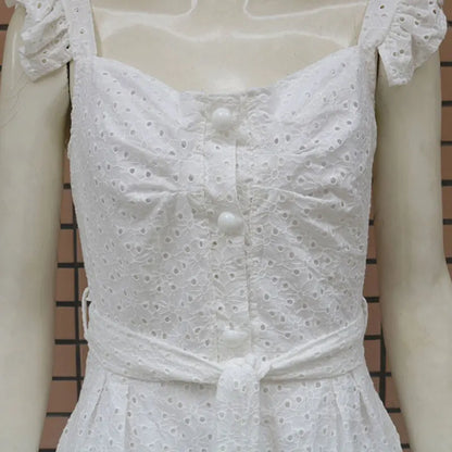 Women White Dress Lace Up Sexy Midi Vestidos Ruffles Sleeveless Bodycon Female Dresses 2022 Buttons Belt Elegant Ladies Clothes